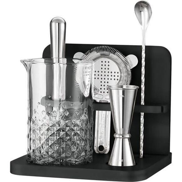 Crystal Cocktail Mixing Glass Set with Bar Tools Bamboo Stand 22 Oz Kit - Picture 8 of 8